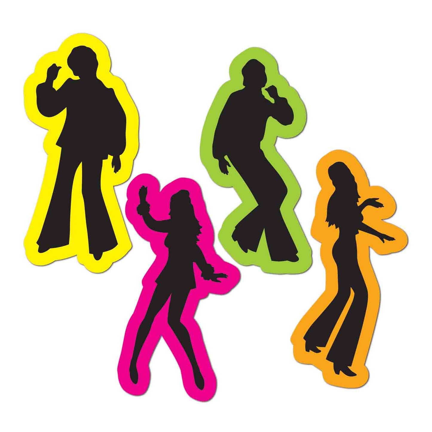 70's Retro Male & Female Black & Neon Silhouettes Cutouts (Pack of 4)