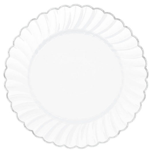 Premium White w/Silver Trim, Scalloped w/Metal Trim 18cm Round Plate