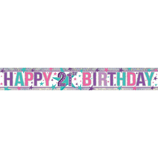 Banner Holographic Happy Birthday 21st Pink