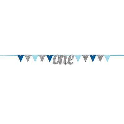 Banner Pennant one Silver & Blue Glittered 20cm x 2.74m