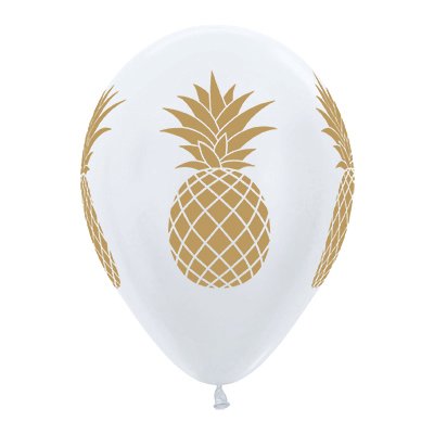 Sempertex 30cm Tropical Pineapple Satin Pearl White & Gold Ink Latex Balloons, 6PK