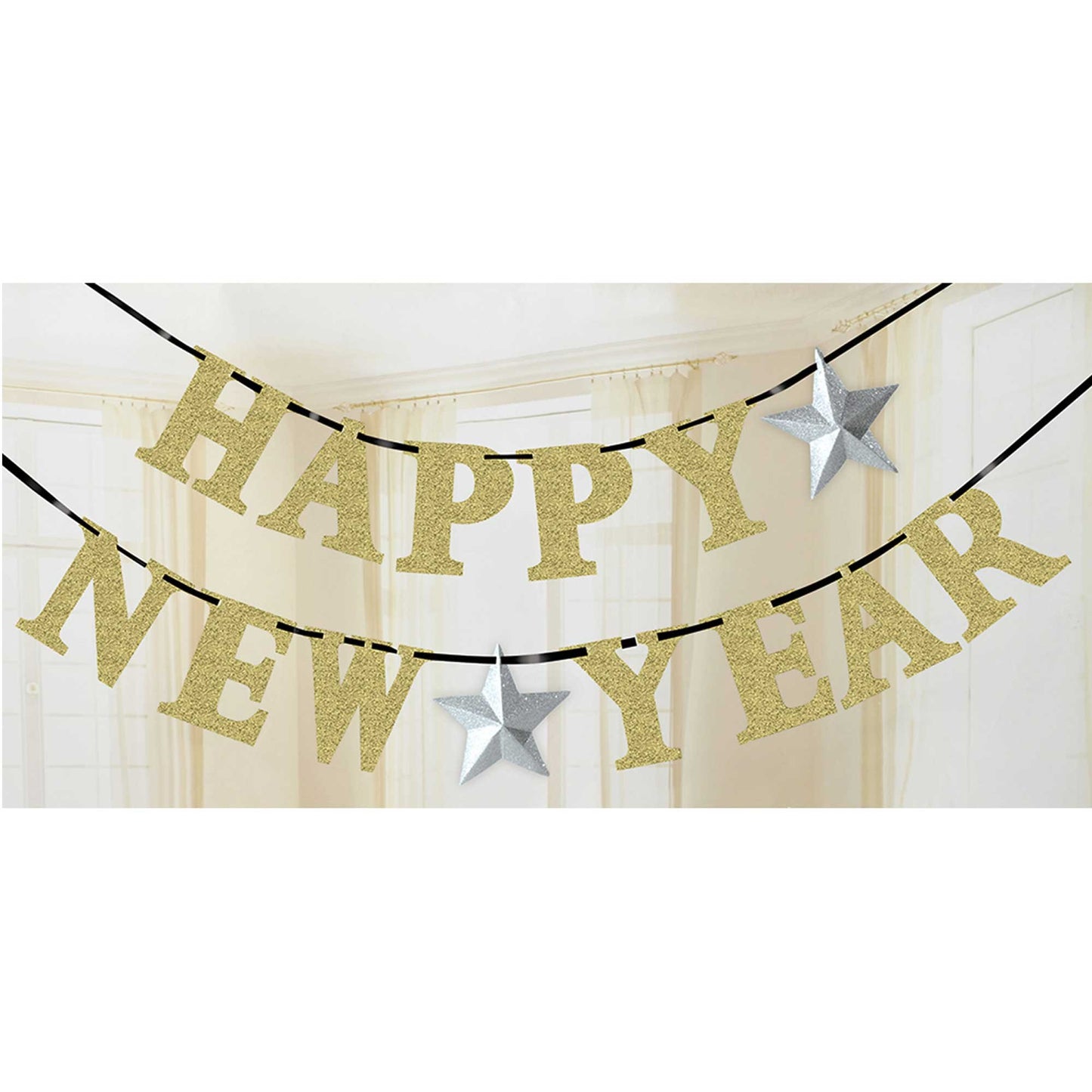 Happy New Year & Stars Silver & Gold Glittered Ribbon Banner