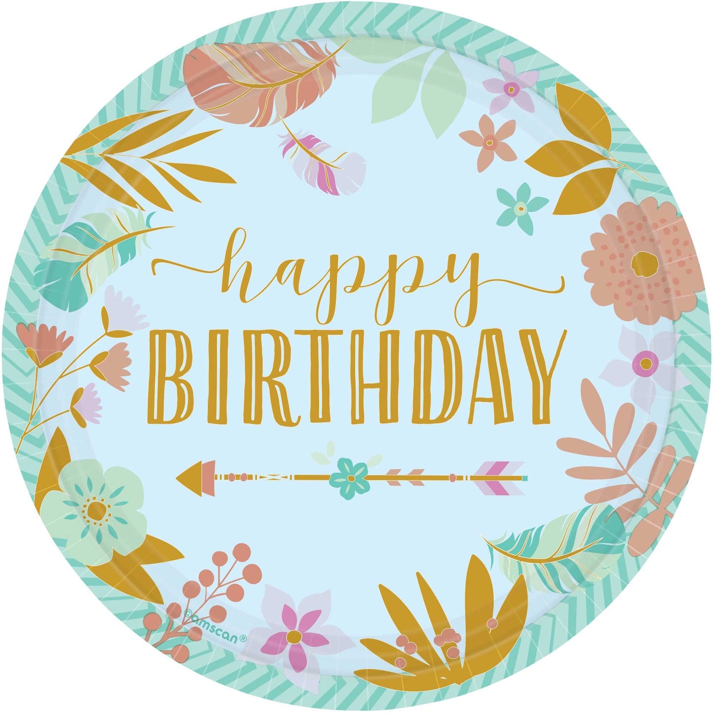 Boho Birthday Girl 17cm Round Metallic Paper Plates