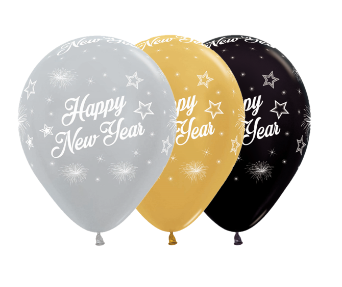 Sempertex 30cm Happy New Year Stars Metallic Silver, Gold & Black Latex Balloons, 12PK