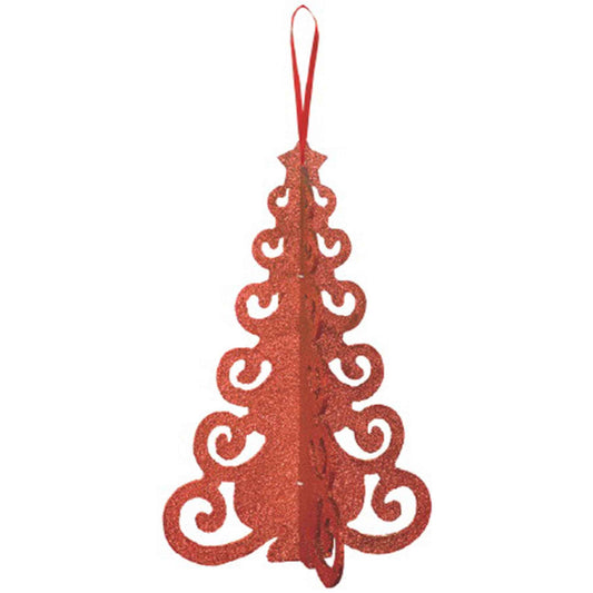 Christmas Tree Filigree 3D Decoration Red MDF Glittered