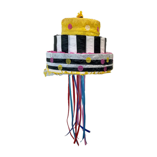 Pink, Yellow, Black & White Cake 3D Shape Pull String Pinata