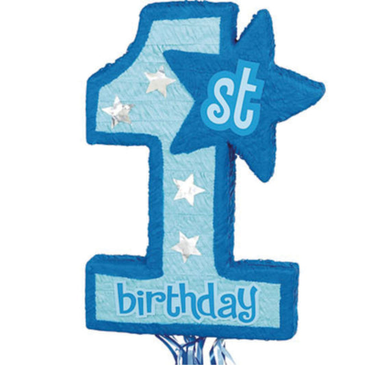 Blue 1st Birthday 3D Shape Pull String Pinata