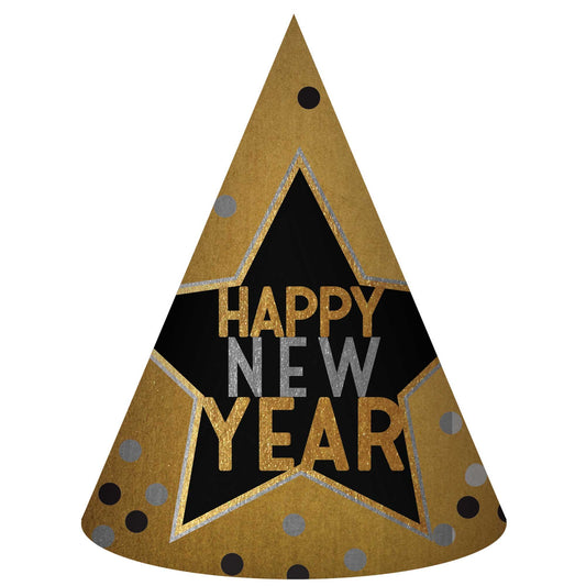 Happy New Year Star Gold, Black & Silver Cone Shaped Hat Foil