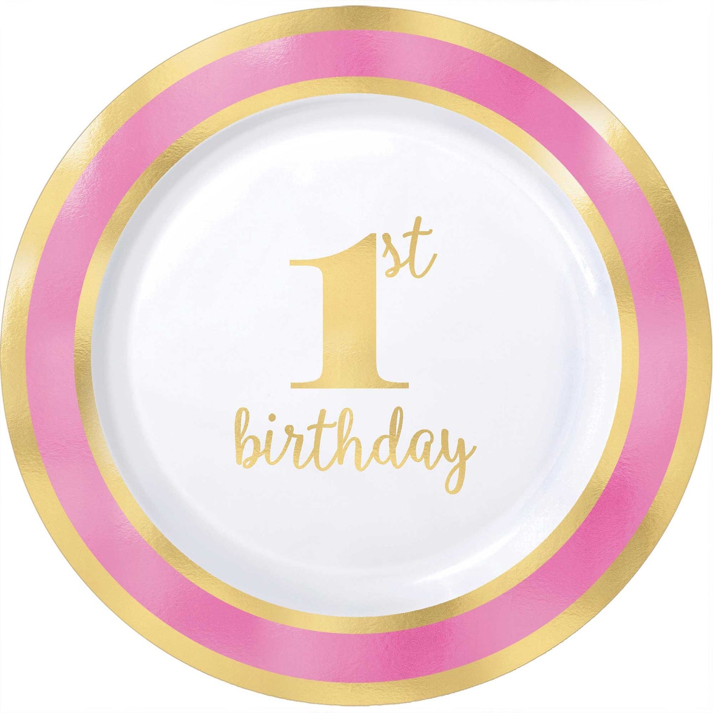 1st Birthday Pink 19cm Plastic Plates Hot Stamped (Pack of 10)