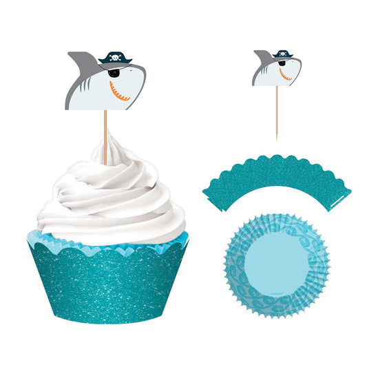 Ahoy Birthday Shark Glittered Cupcake Wrappers & Toppers (Pack of 24)