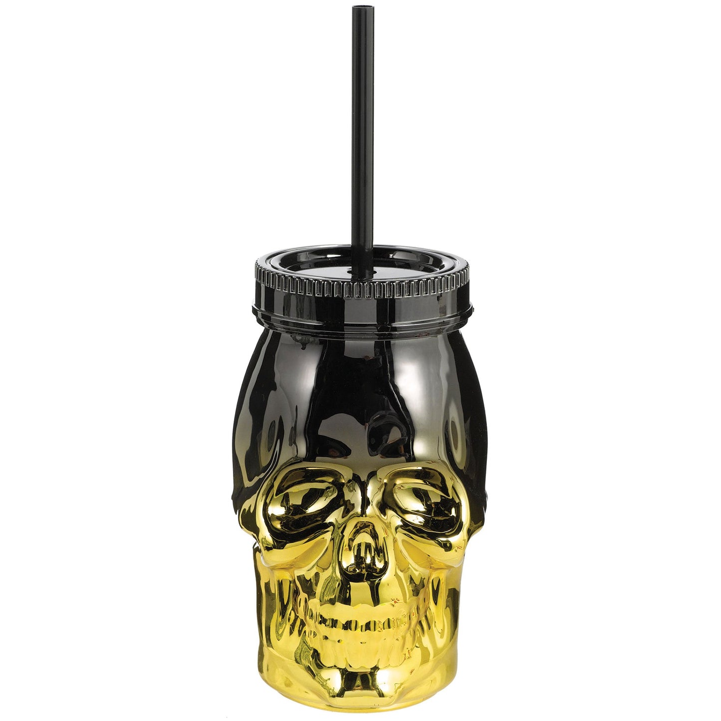 Skull Novelty Metallic Cup & Straw 473ml Gold & Black