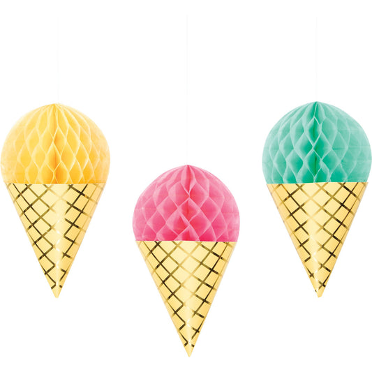 Ice Cream Party Decor Hanging Honeycomb Cones & Foil 16cm x 33cm