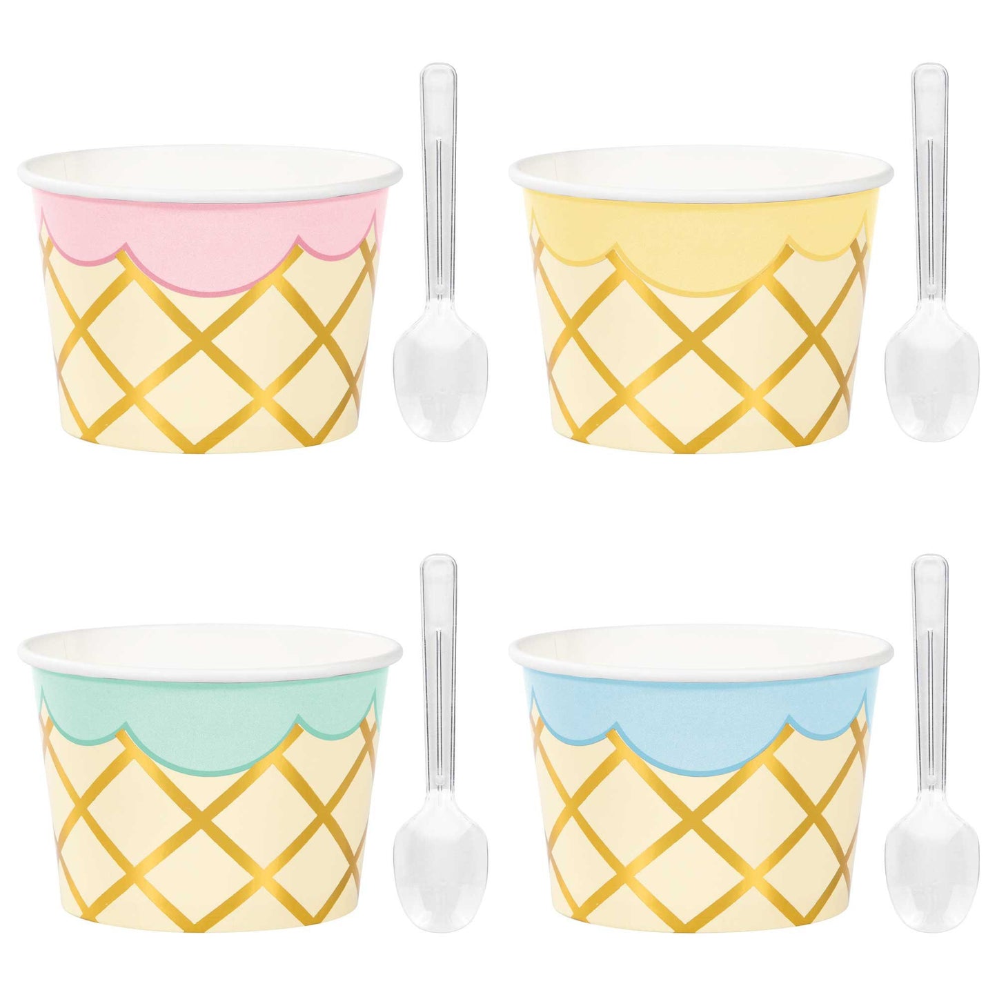 Ice Cream Party Decor Treat Cups Cardboard & Foil & Clear Plastic Spoons