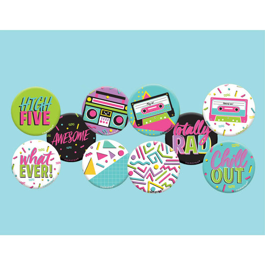 Awesome Party 80's Button Badges (Pack of 10)