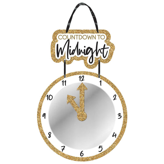 Countdown to Midnight Mirror Clock MDF Gold Glittered Hanging Sign