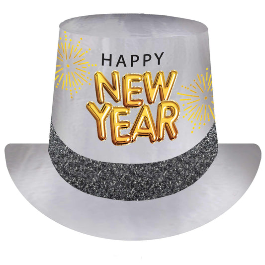 Happy New Year Glittered Top Hat Black, Silver & Gold