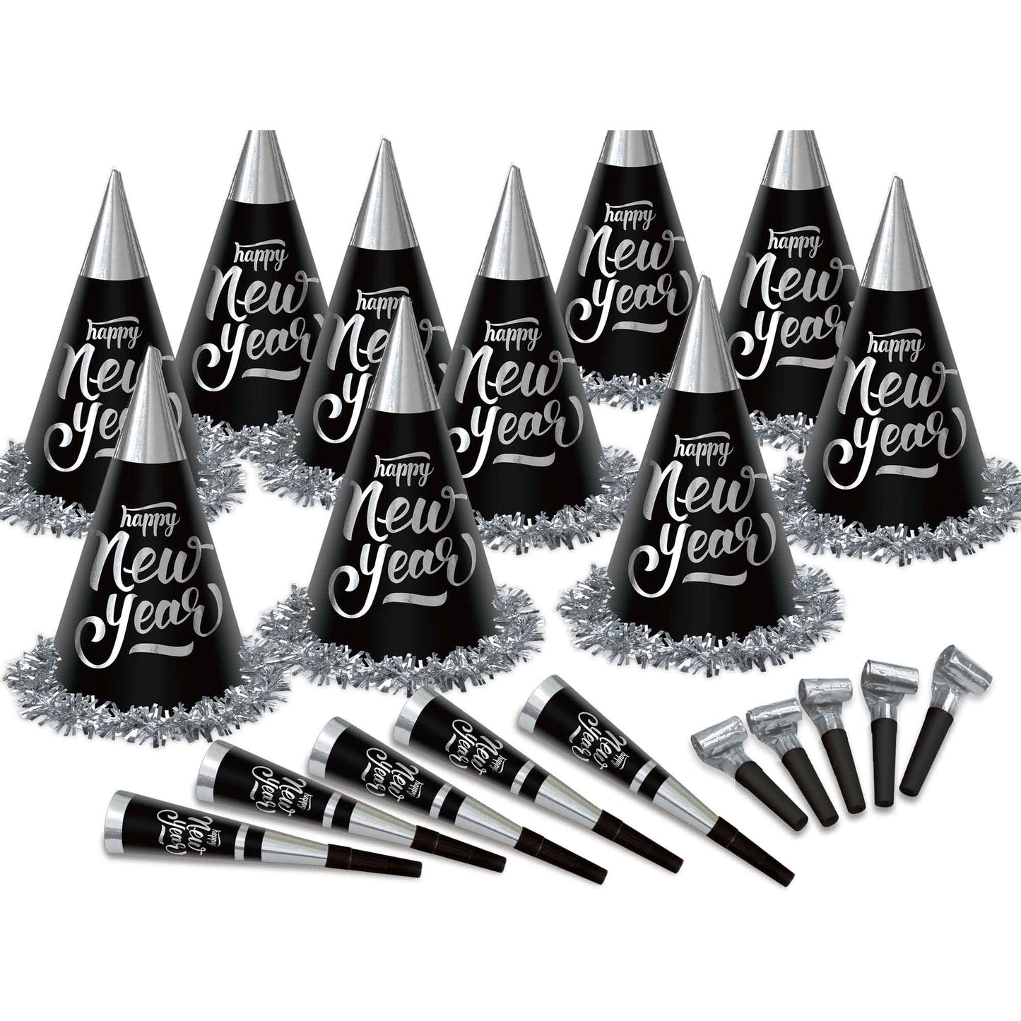 New Year's Party Box Kit Black & Silver for 100 People