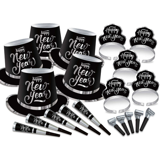 New Year's Party Box Kit Black & Silver for 50 People