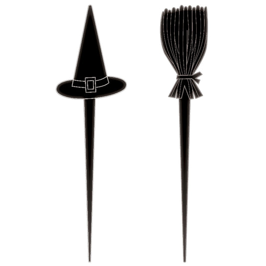 Halloween Classic Black & White Witch Hats & Brooms Picks