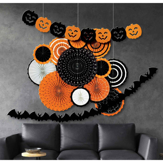 Halloween Classic Orange & Black Paper Fan Room Decorating Kit