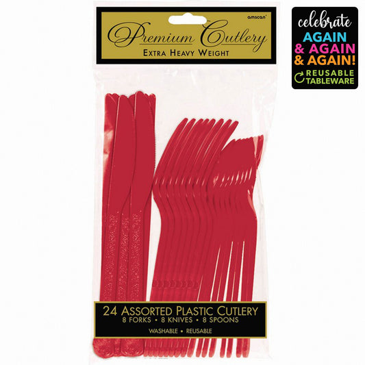 Premium Cutlery Set 24 Pack Apple Red - Extra Heavy Weight