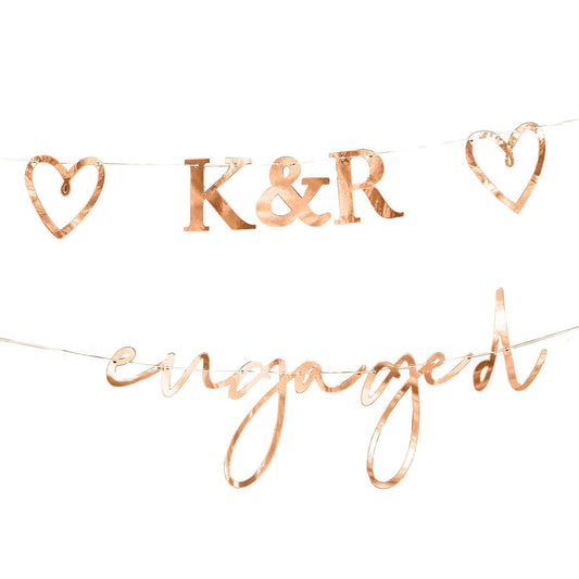 Engaged Bunting with Customisable Initials & Hearts Rose Gold