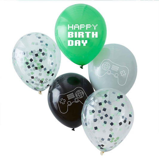 Game Controller Balloon Bundle & Confetti Grey, Green & Black