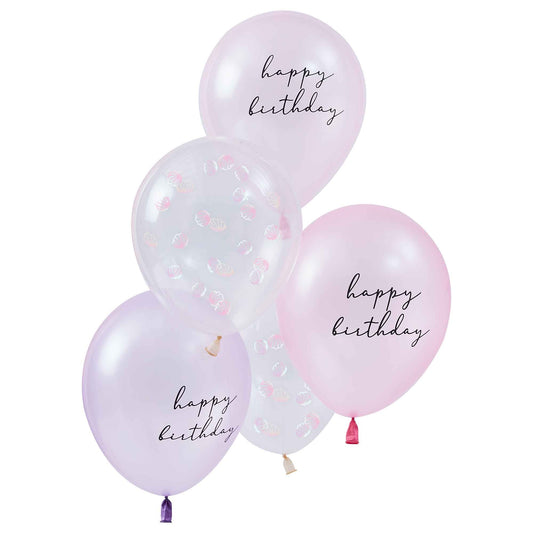 Mermaid Balloon Bundle Shell Confetti & Happy Birthday Printed Chrome Balloons with Tissue Tassel Tails Pink & Lilac