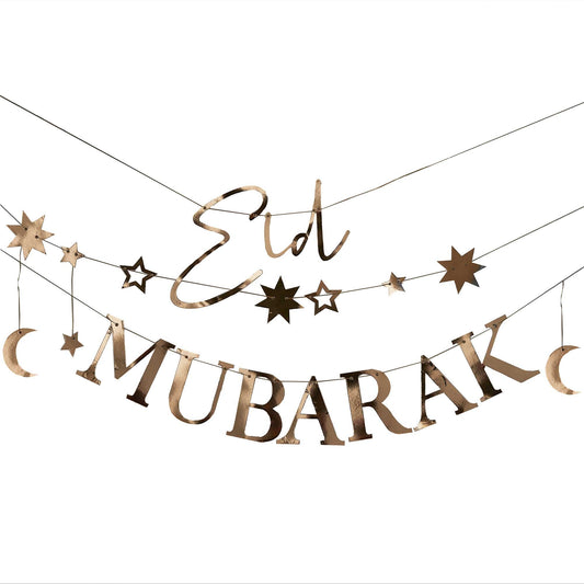 Eid Bunting Mubarak with Moons and Stars Gold